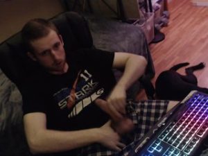 Gay young stud jerks off huge uncut cock on cam (no cum) horny clothes on